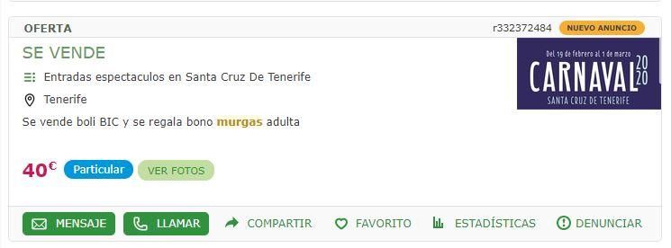 Algunas de las ofertas y demandas de entradas para el concurso de murgas adultas que se ofrecen en internet