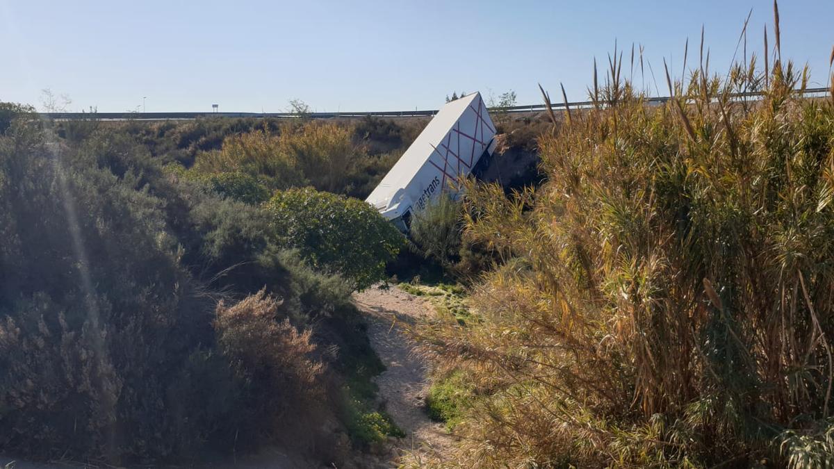 El camión volcado tras caer por el terraplén.