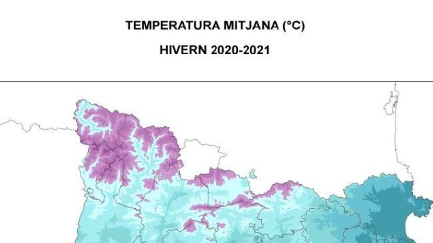 Mapes de temperatura mitjana de l&#039;hivern 2020-2021 i de diferència d&#039;aquesta respecte de la mitjana climàtica