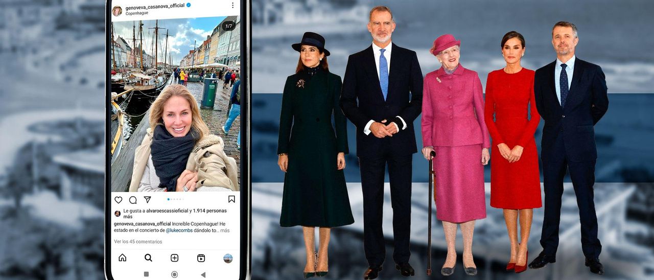 La publicación de Genoveva Casanova en su red social sobre el viaje a Copenhague. A la derecha, la princesa Mary de Dinamarca, el Rey Felipe VI, la reina Margarita de Dinamarca, la Reina Letizia y Federico, príncipe heredero del trono danés.