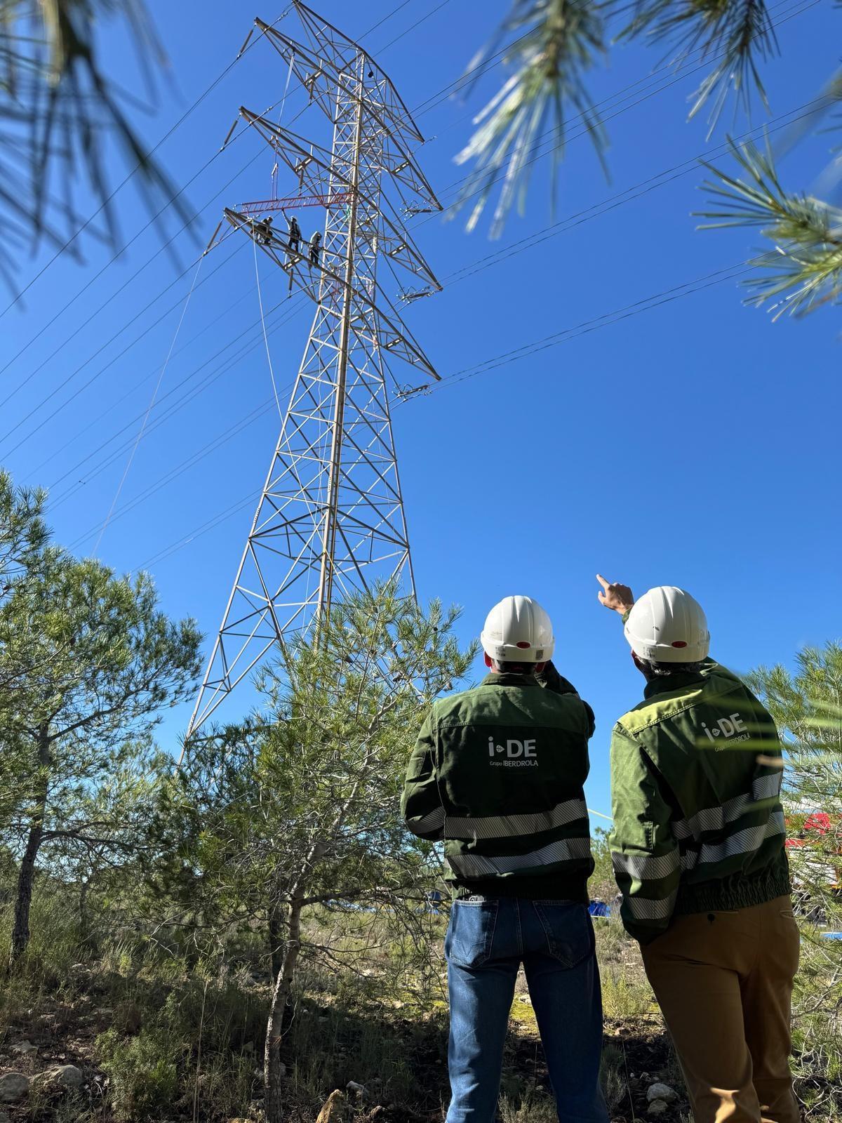 Operarios chequean los trabajos en una torre eléctrica.