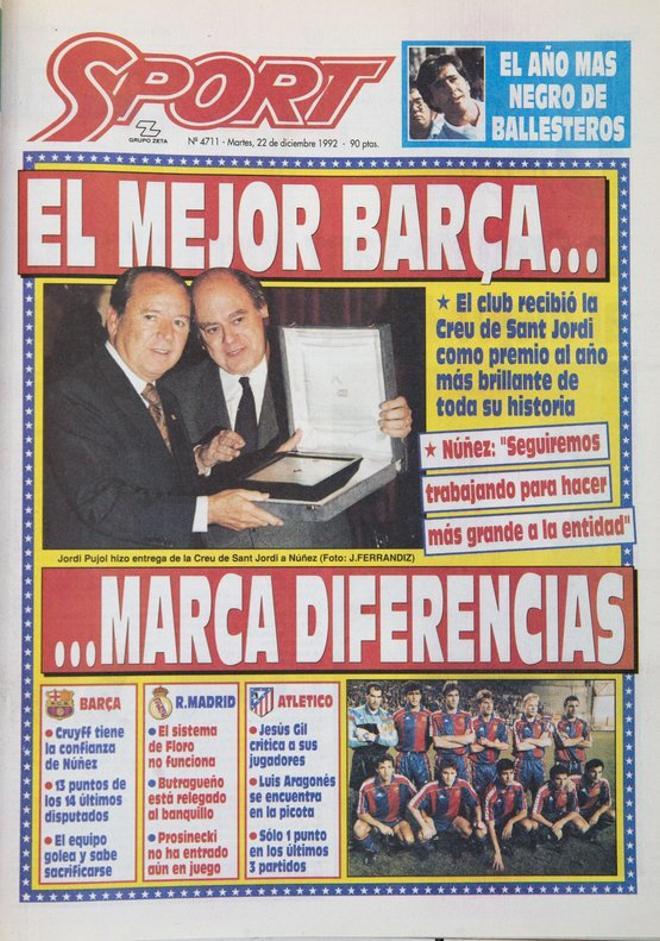 1992 - El Barça recibe la Creu de Sant Jordi como premio al año más brillante de su historia