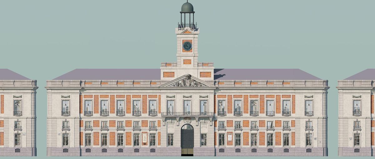 Aspecto de la lona que cubrirá la fachada de la Real Casa de Correos durante los trabajos de rehabilitación.