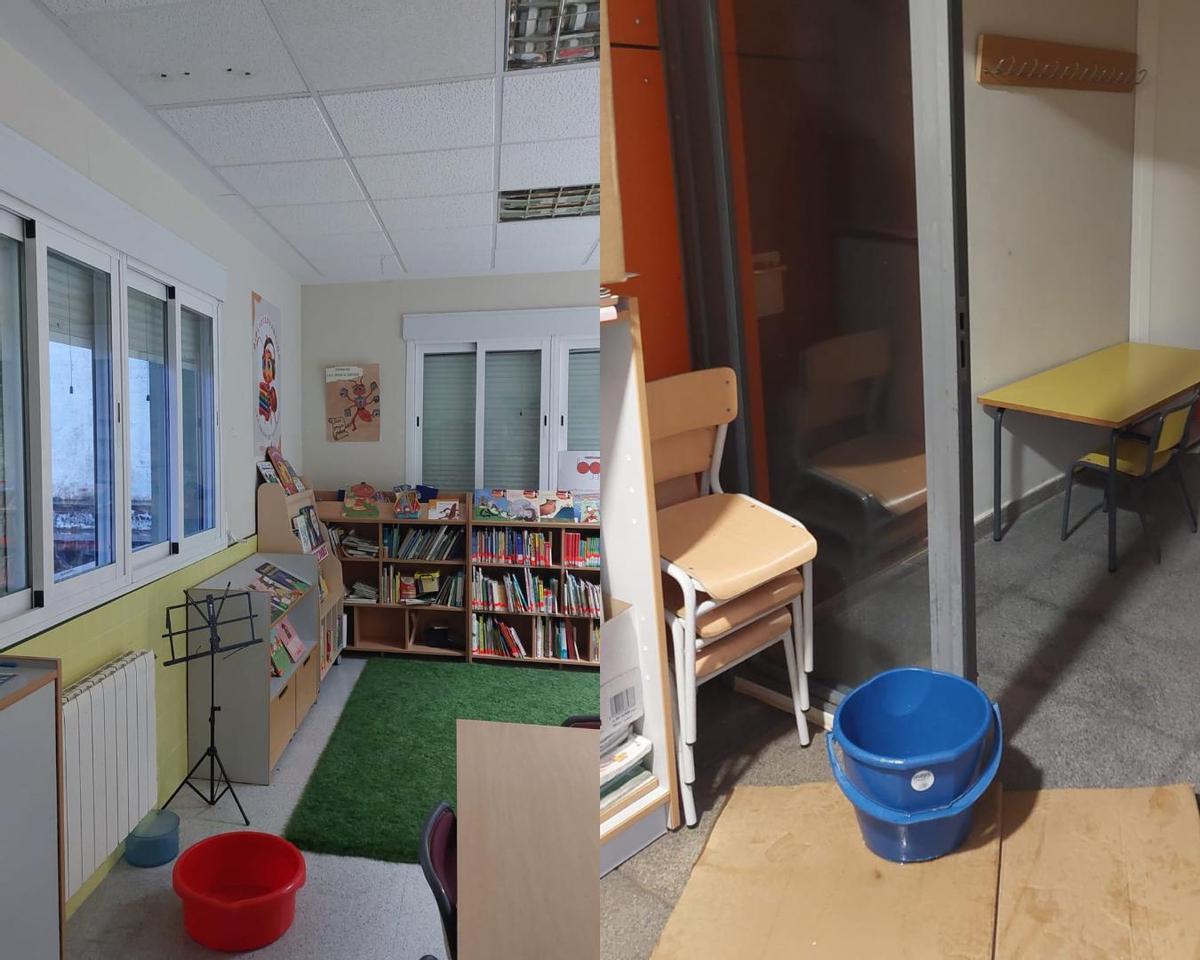 Cubos y barreños para recoger la agua de las goteras en el colegio.