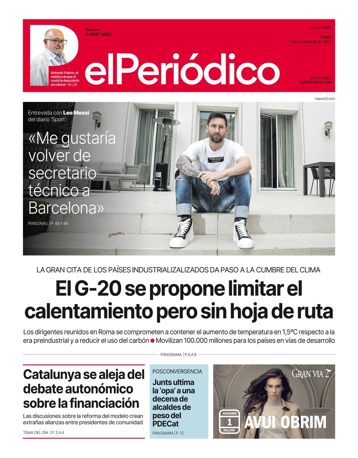 La portada d’EL PERIÓDICO de l’1 de novembre del 2021