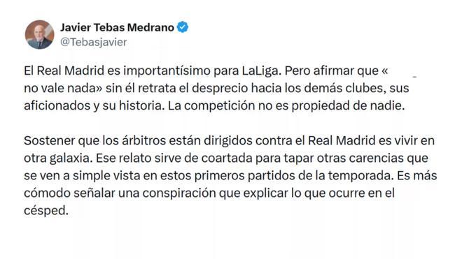 Tebas responde al Real Madrid: "Respeto a todos. Subordinación a ninguno"