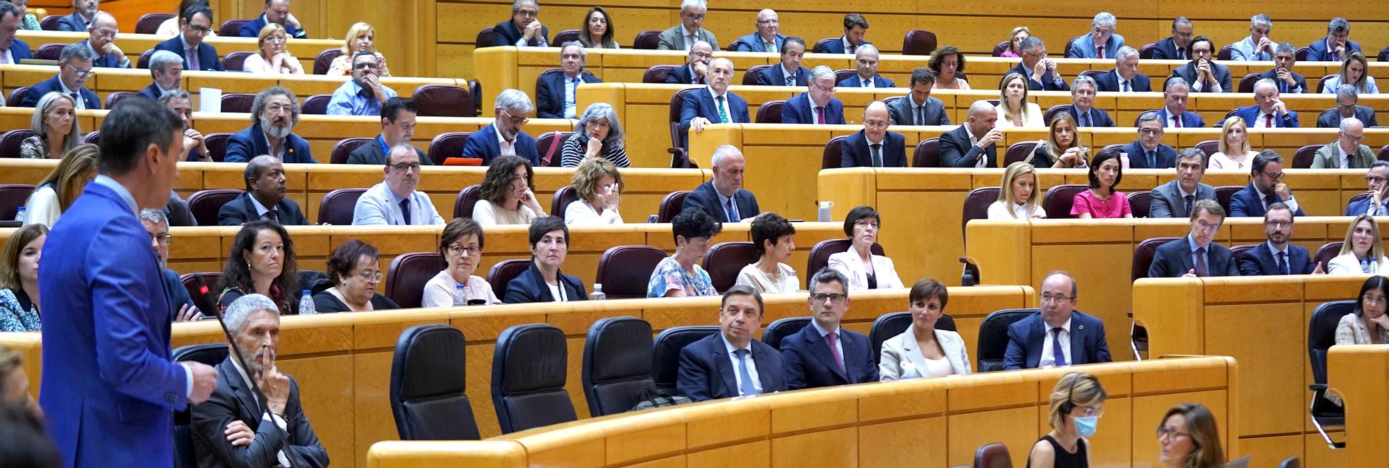 Pedro Sánchez se dirige a Alberto Núñez Feijóo, en el Senado