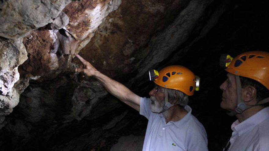 Julián Ramos muestra a Francisco Luis Martínez los restos de una estalactita en la cueva fósil del Humo.