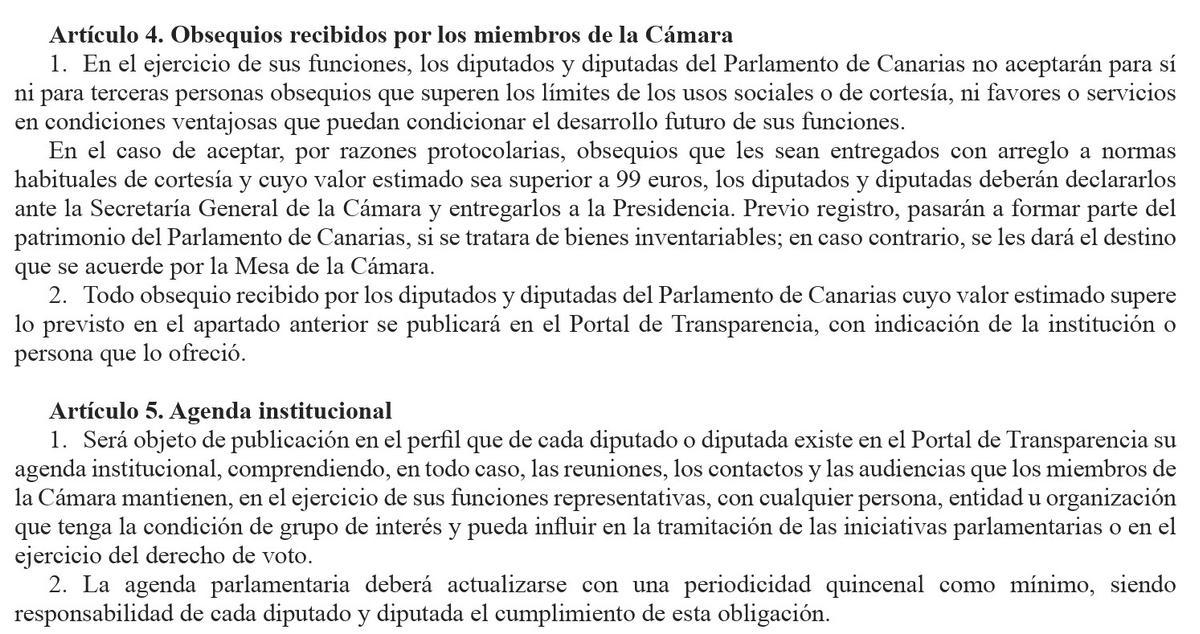 Artículos del Código de Conducta sobre los obsequios recibidos y la agenda institucional que deben publicar los diputados.