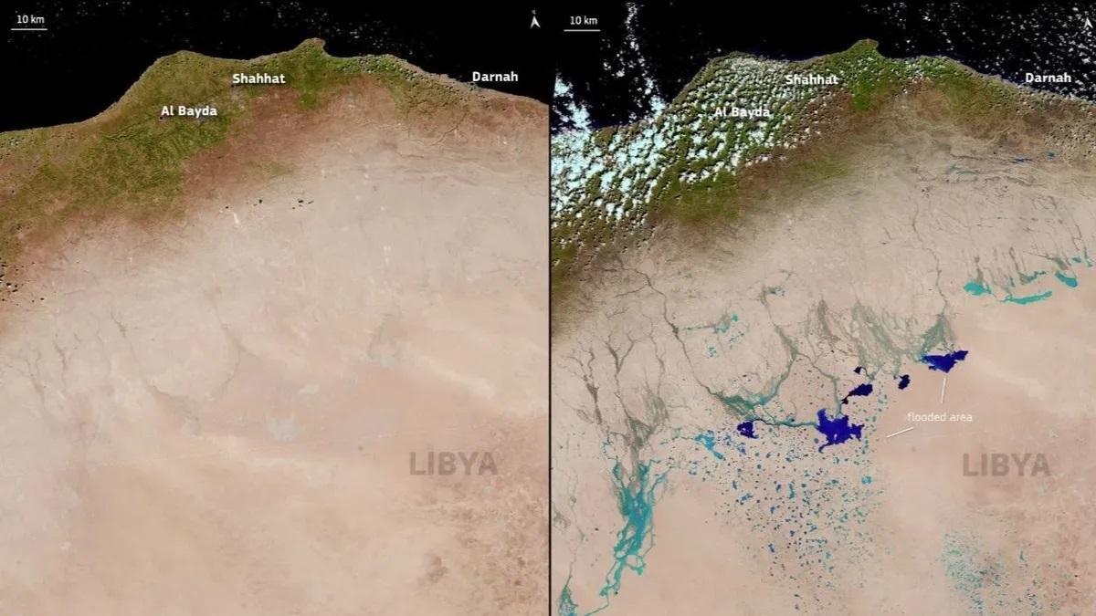 Imágenes de Libia tomadas con diez días de diferencia, a la derecha, los lagos