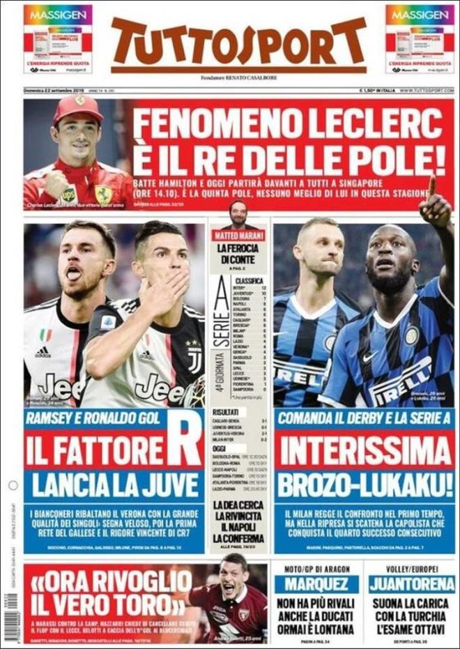 Portada del Tuttosport del 22 de septiembre de 2019