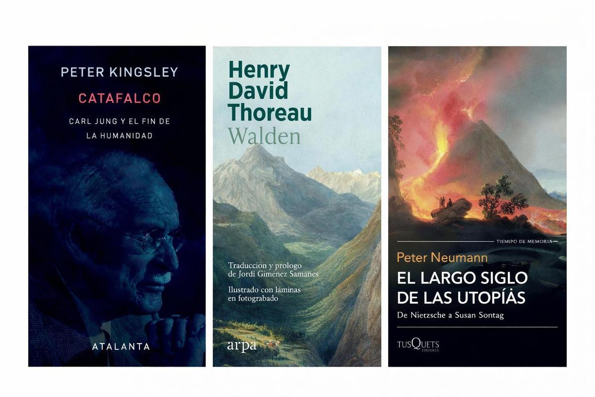 Portadas de 'Catafalco', 'Walden' y 'El largo siglo de las utopías'.