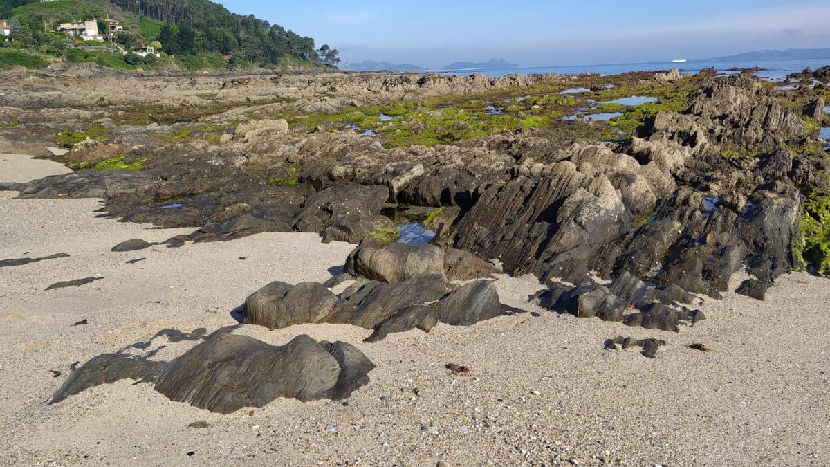 Afloramiento rocoso de la playa de Agra, donde se hayan los restos fósiles de un bosque milenario.