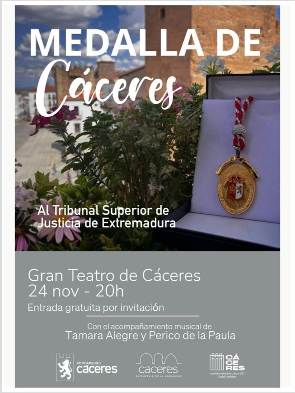 Cartel de la entrega de la Medalla de Cáceres.