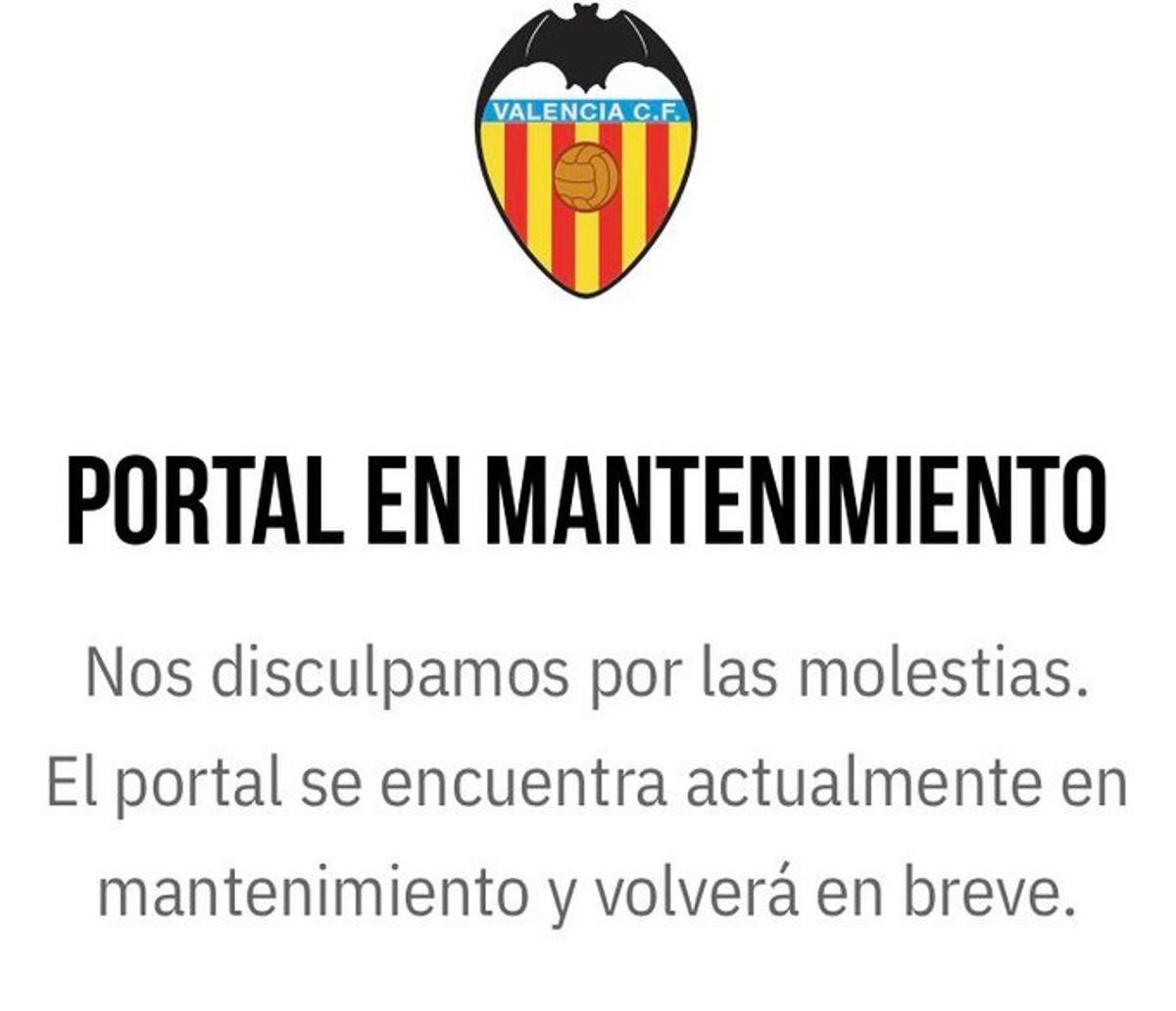 Momento en el que la web del Valencia CF quedó colapsada.