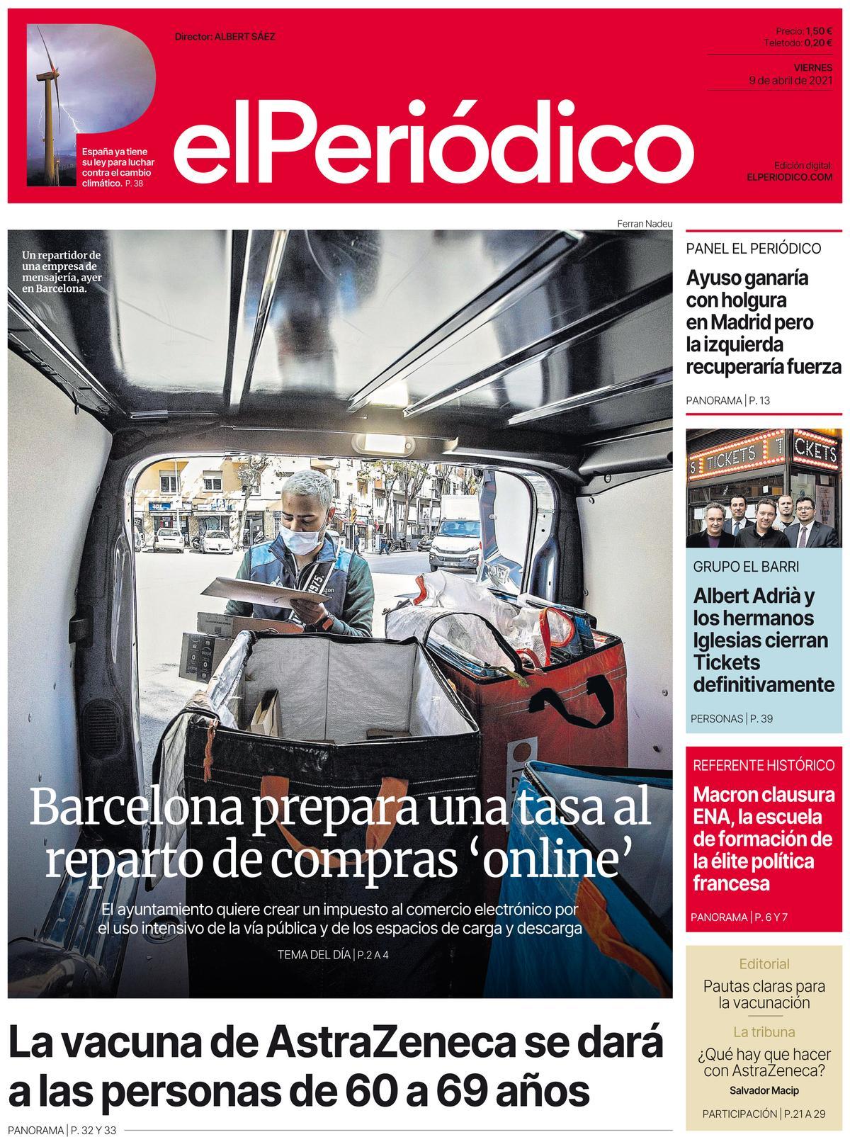 La portada d’EL PERIÓDICO del 9 d’abril del 2021