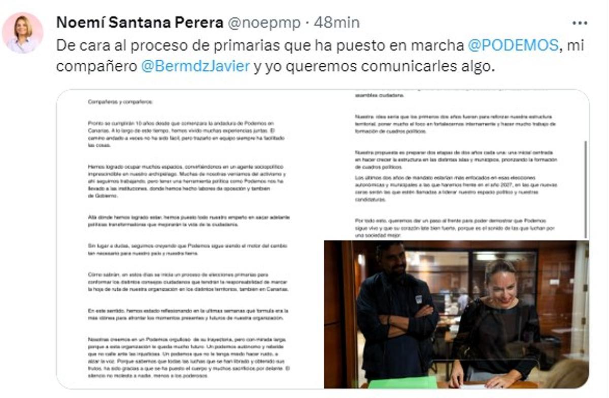 Anuncio de Noemí Santana en la red social X presentando su candidatura a liderar Podemos Canarias.