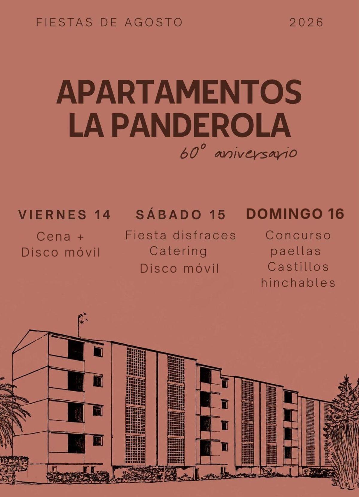 Este es el cartel anunciador de los actos que los residetes en estos apartamentos pioneros han programado para celebrar el 60º aniversario de los mismos.