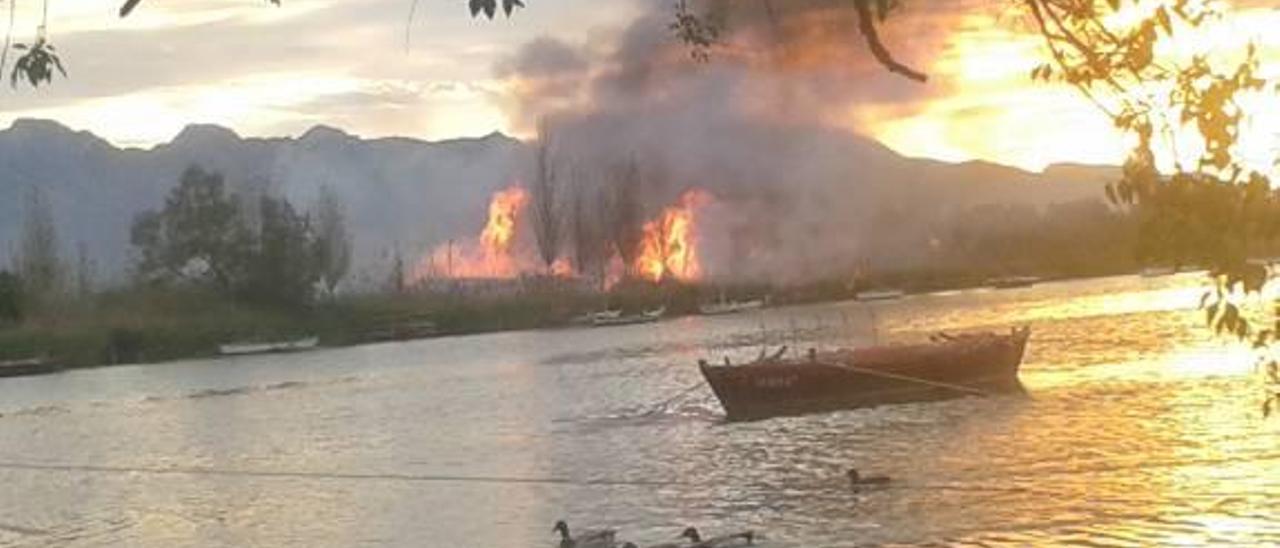 Arde cañizo y matorral en la orilla del Estany de Cullera