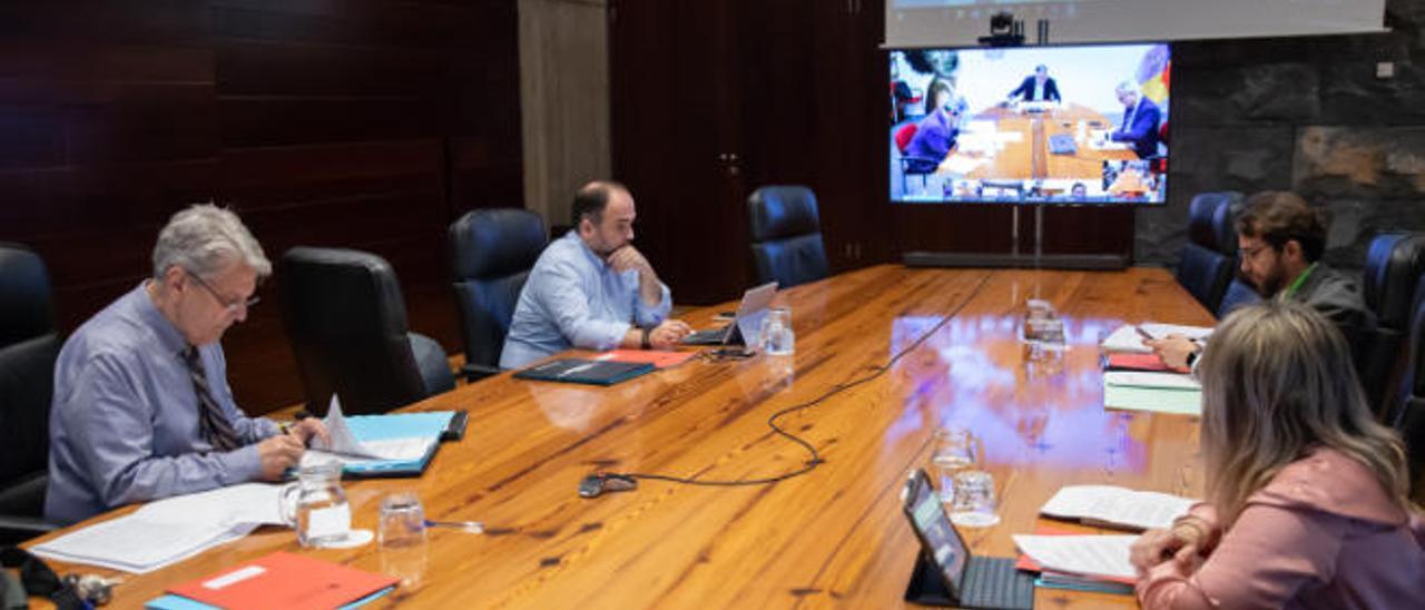 Julio Pérez, a la izquierda, con otros miembros del Consejo de Gobierno por videoconferencia en Tenerife.