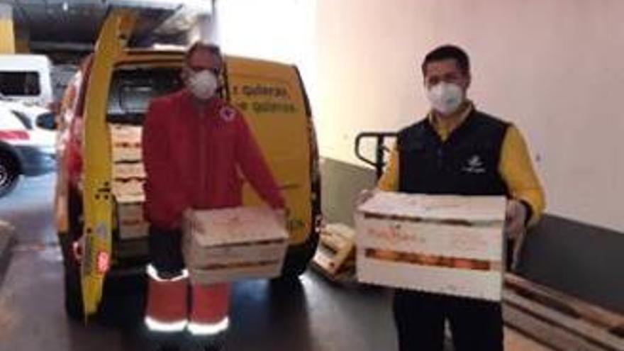 Carteros voluntarios con las cajas de fruta