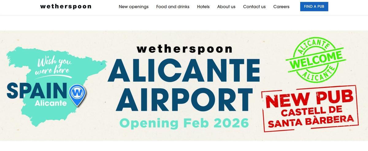 El aeropuerto de Alicante-Elche, protagonista en la web de Wetherspoon como sede de su primer pub en España.