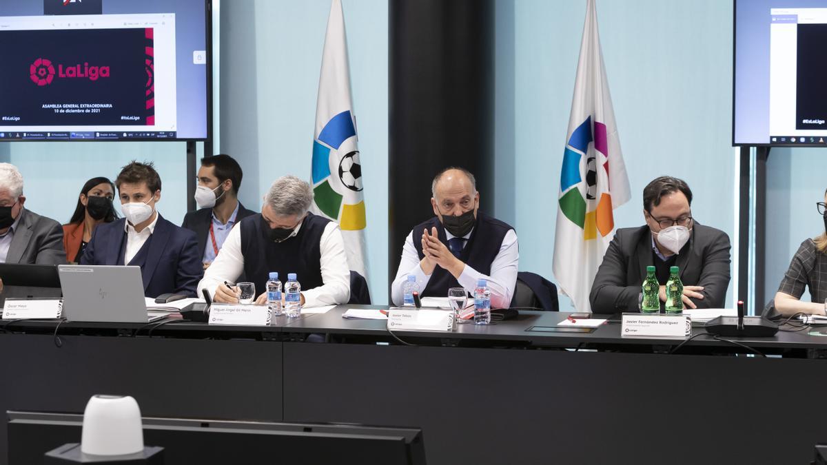 Javier Tebas, durante la Asamblea que celebró LaLiga el pasado viernes.