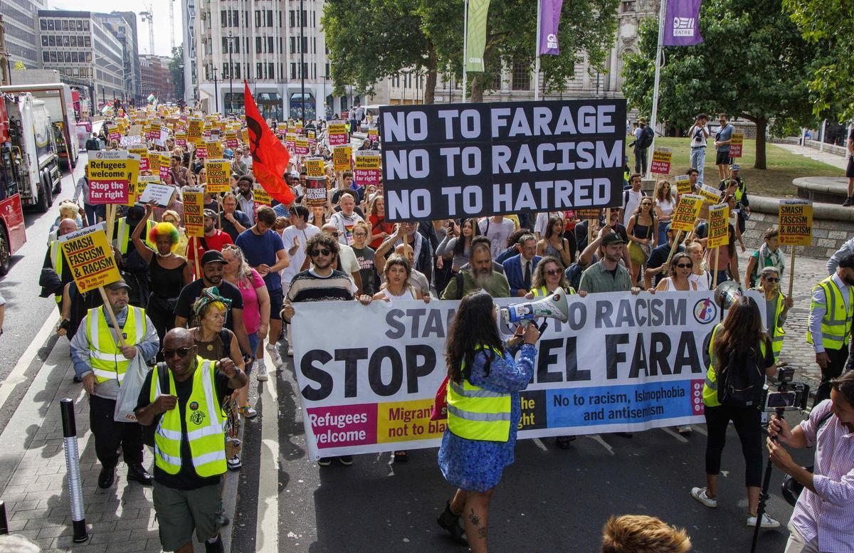 Protesta contra la extrema derecha en Londres, el pasado 10 de agosto, frente a la ola de violencia desatada por los apuñalamientos de Southport.