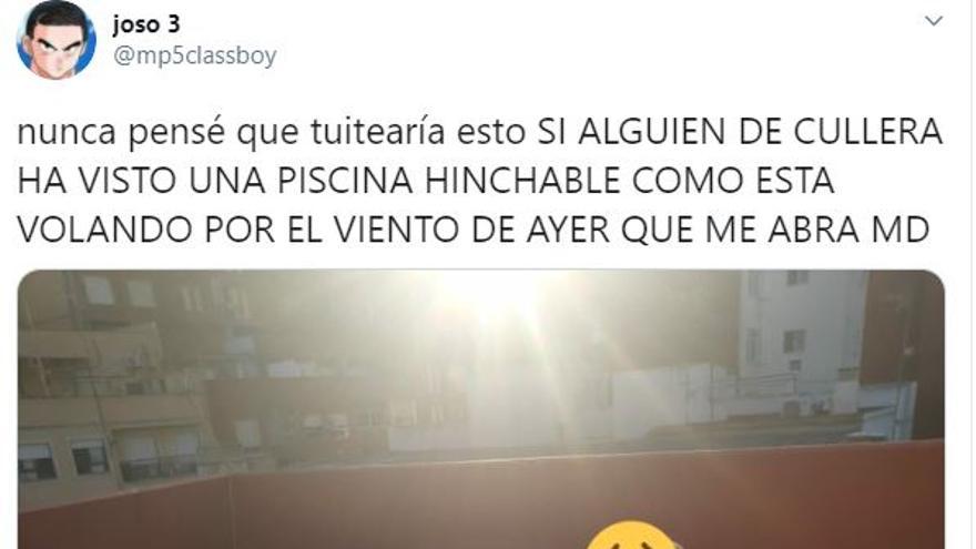 Captura del tweet original de la piscina hinchable perdida en Cullera y encontrada en San Vicente del Raspeig