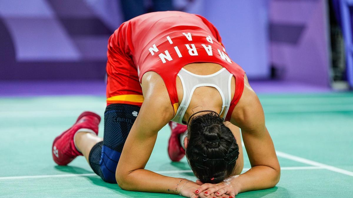 Carolina Marín, tras lesionarse en los Juegos Olímpicos de París en 2024.
