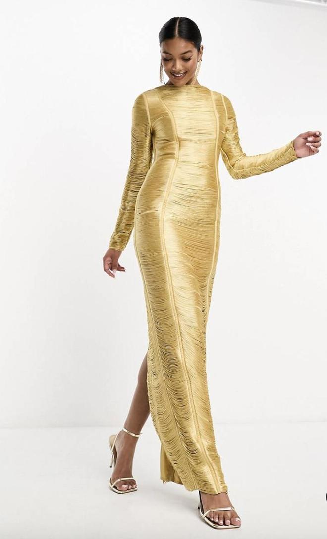 Vestido largo dorado de manga larga con flecos de ASOS DESIGN