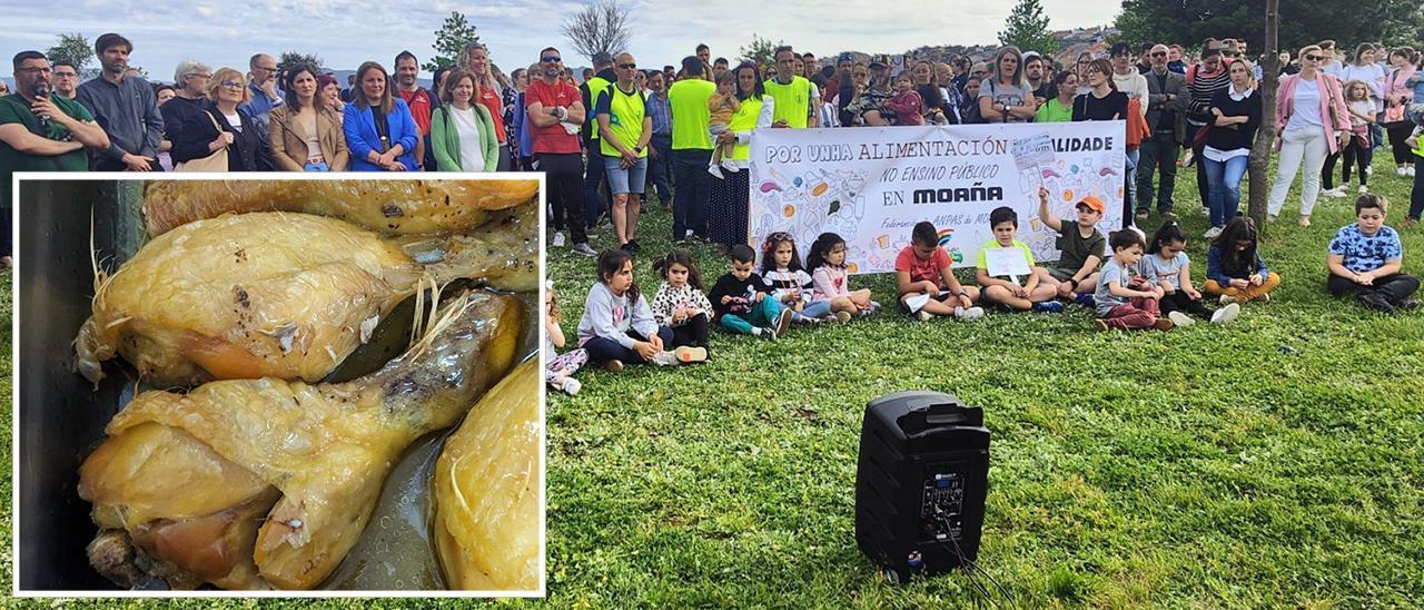 Protesta de familias de la villa por la comida en los colegios, convocada el pasado mes de abril. En el recuadro, pollo cocinado con plumas