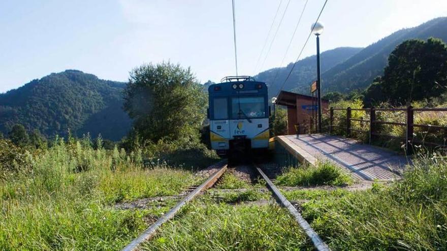 Un tren en la estación de Feve de Caces.