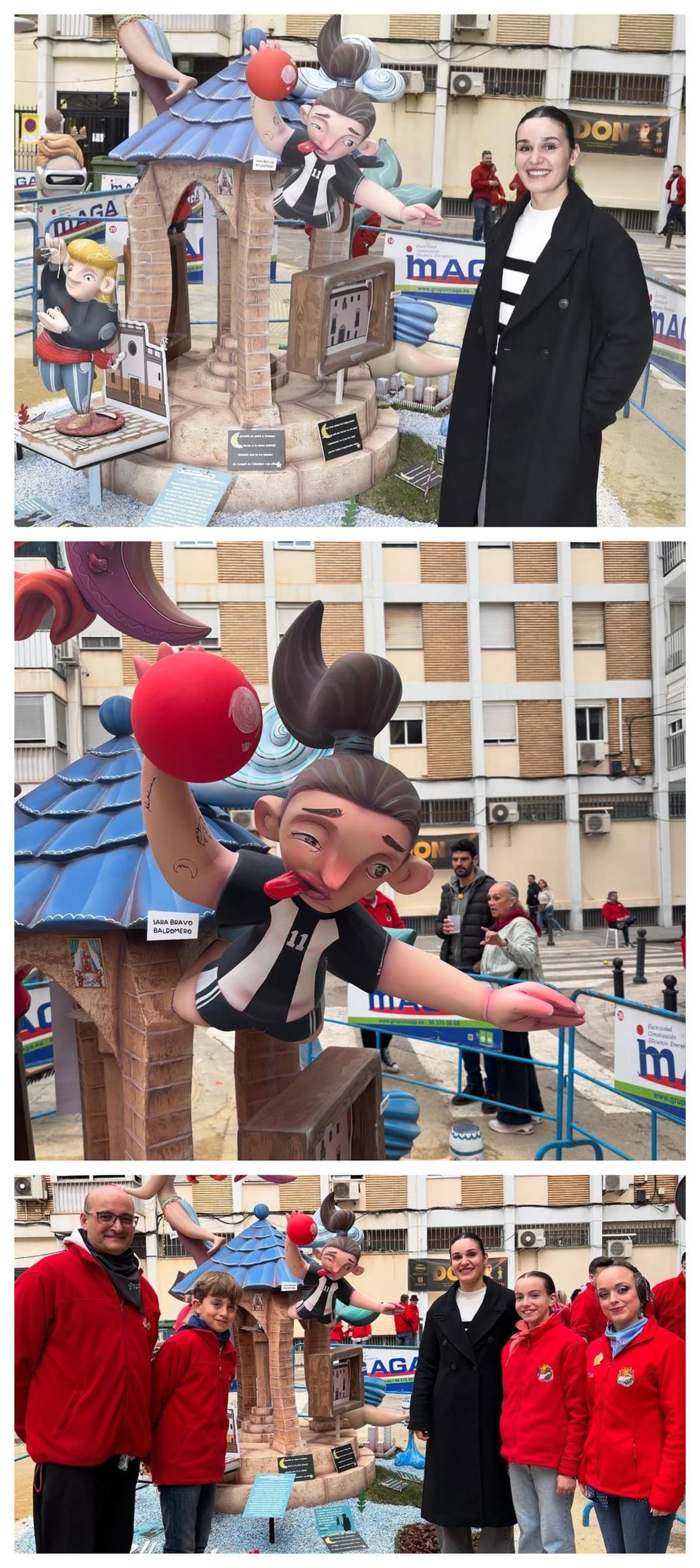 Sara, con el ninot y el cuadro de honor