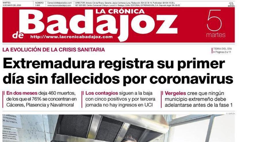 Esta es la portada de LA CRÓNICA DE BADAJOZ correspondiente al día 5 de mayo del 2020