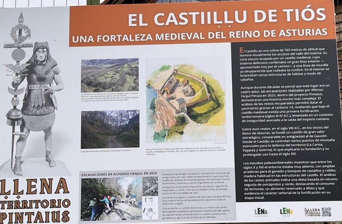 Uno de los carteles explicativos en la ruta del "Castillu de Tiós"