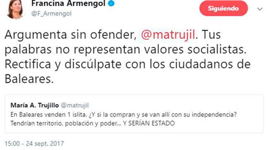 Armengol exige a la exministra socialista Trujillo que se disculpe por un tuit