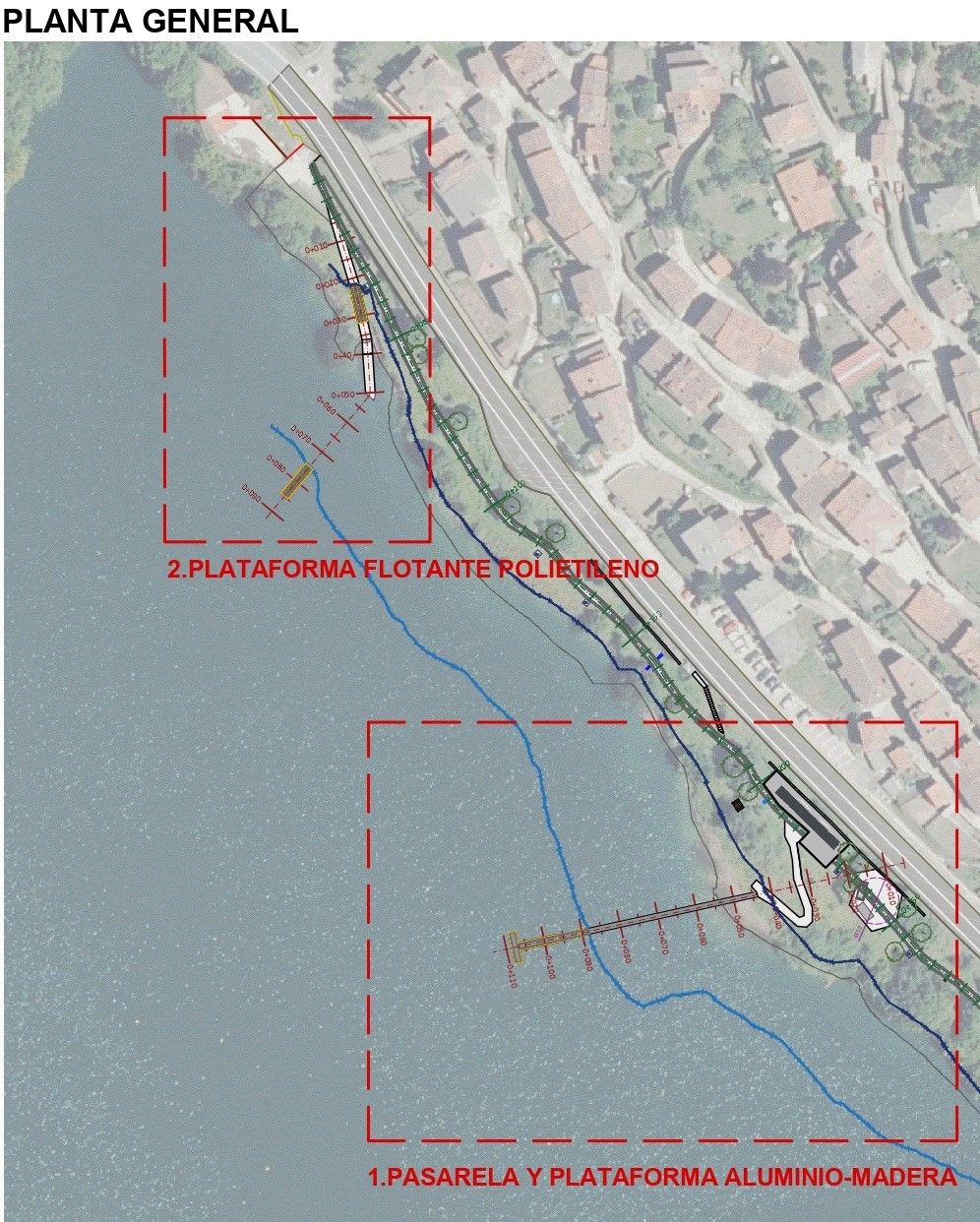 El embarcadero de uso lúdico y las dos naves auxiliares.