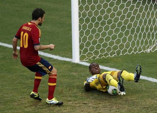 Nigeria's goalkeeper Enyeama makes a save after the shot from Spain's Fabregas bounced off the goalpost during their Confederations Cup Group B soccer match in Fortaleza