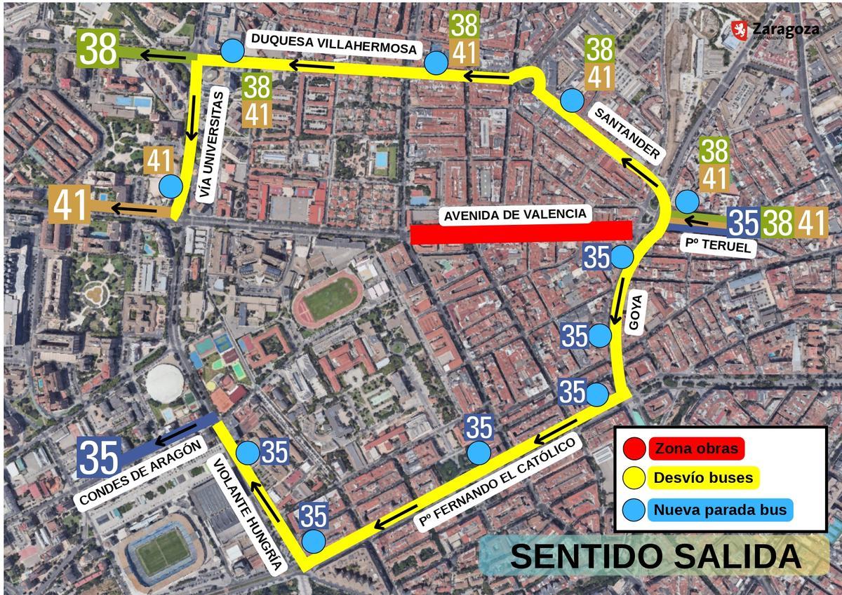 Desvíos del tráfico durante las obras en la avenida Valencia de Zaragoza.