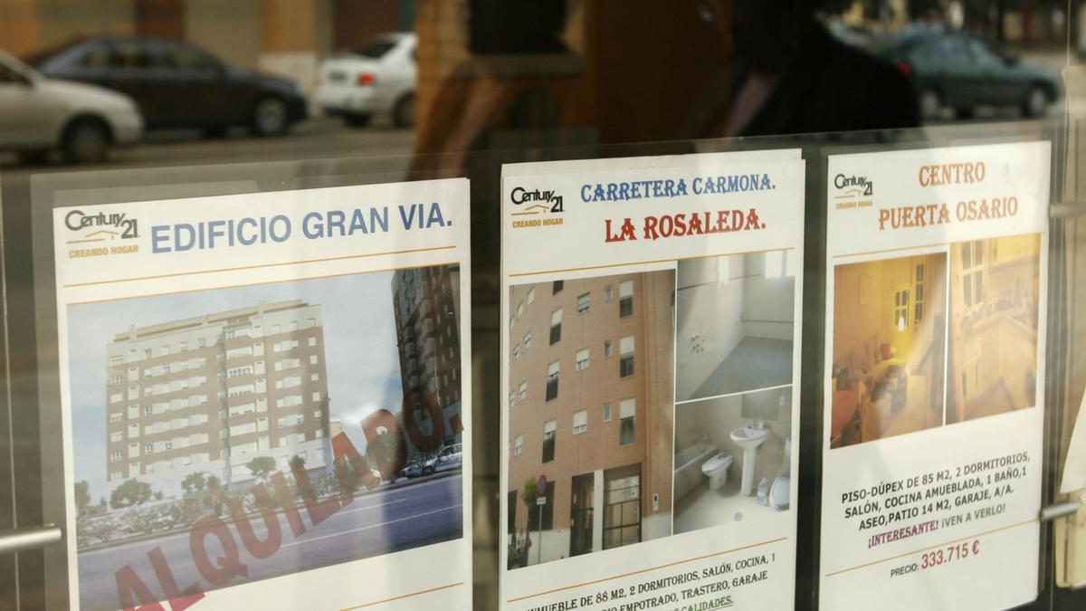 Anuncios de pisos para alquilar en el escaparate de una inmobiliaria de Sevilla. / José Manuel Cabello