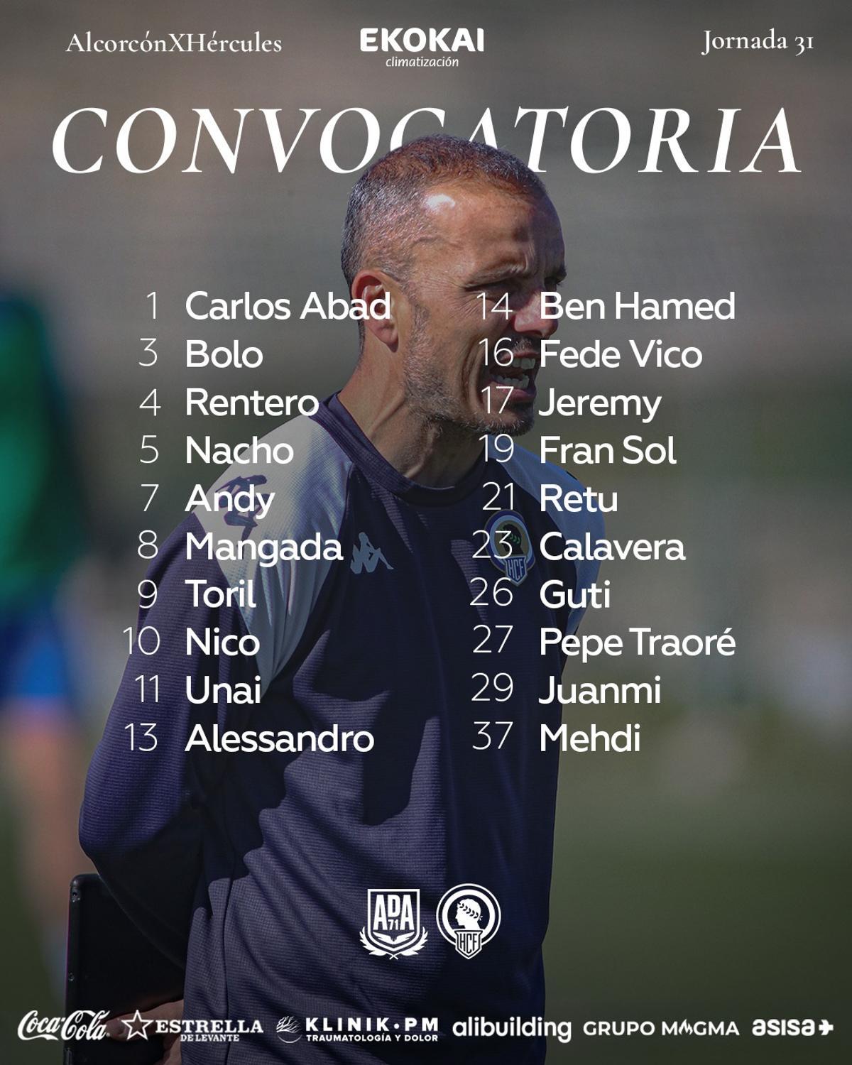 Convocatoria con los 20 futbolistas que se lleva Beto Company para disputar el Alcorcón-Hércules en Santo Domingo.