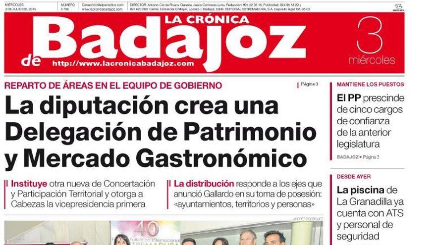 Esta es la portada de LA CRÓNICA DE BADAJOZ correspondiente al día 3 de julio del 2019