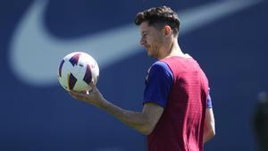 Lewandowski, en el último entrenamiento del Barça previo al duelo con el Girona en Montilivi.