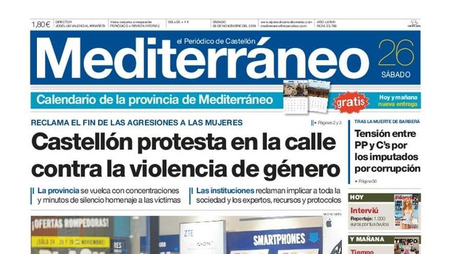 Castellón protesta en la calle contra la violencia de género, en la portada de Mediterráneo