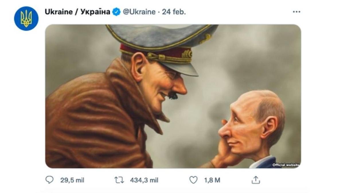 La cuenta de Twitter del gobierno ucraniano compara a Putin con Hitler.