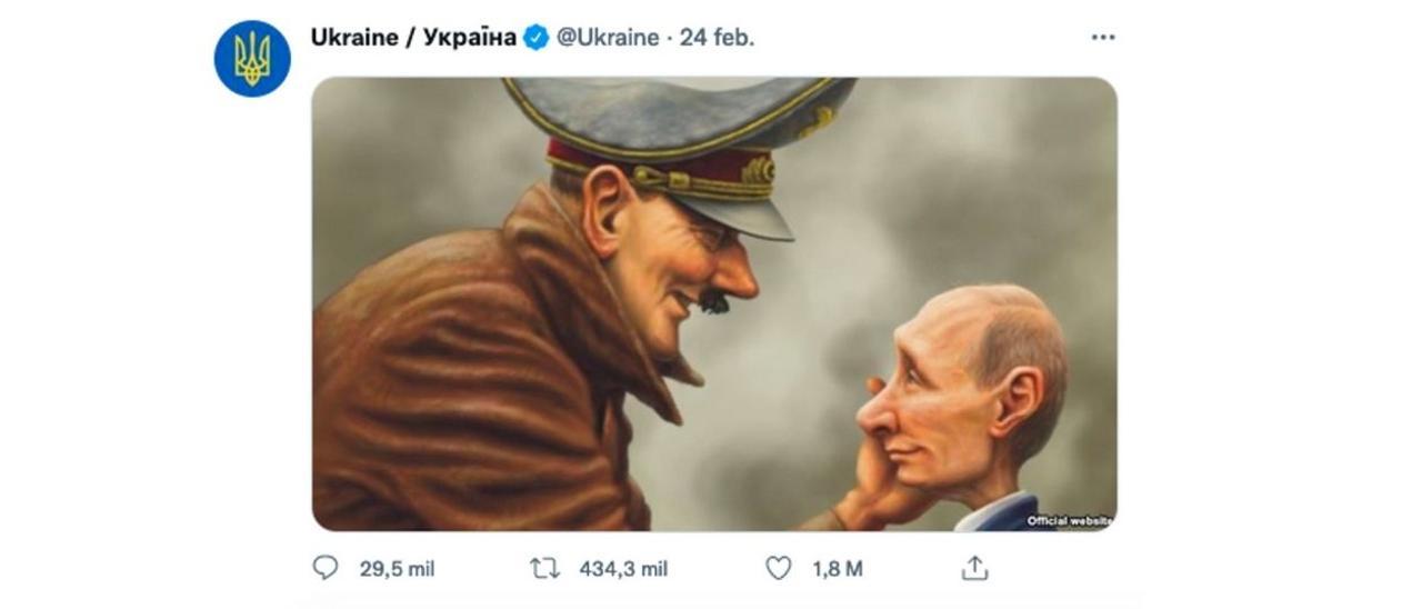 La cuenta de Twitter del gobierno ucraniano compara a Putin con Hitler.