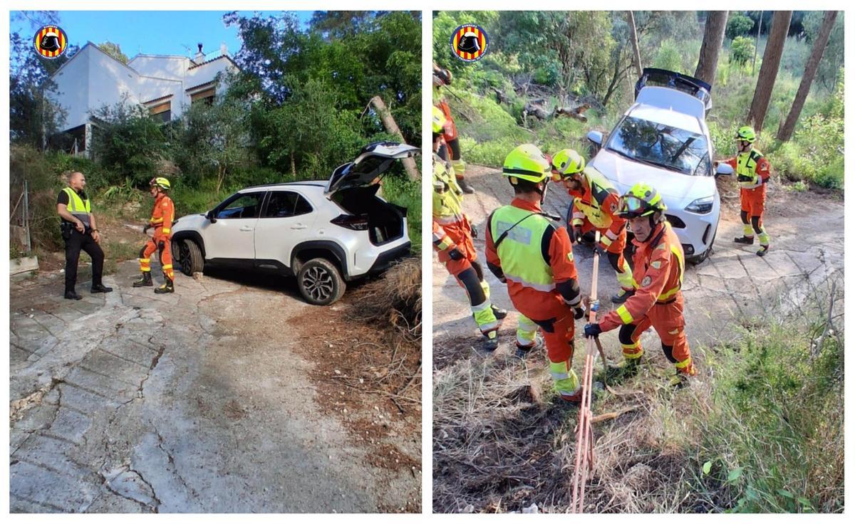 Los bomberos tuvieron que sacar el vehículo de alquiler de un camino en pendiente de la zona de Bixquert.