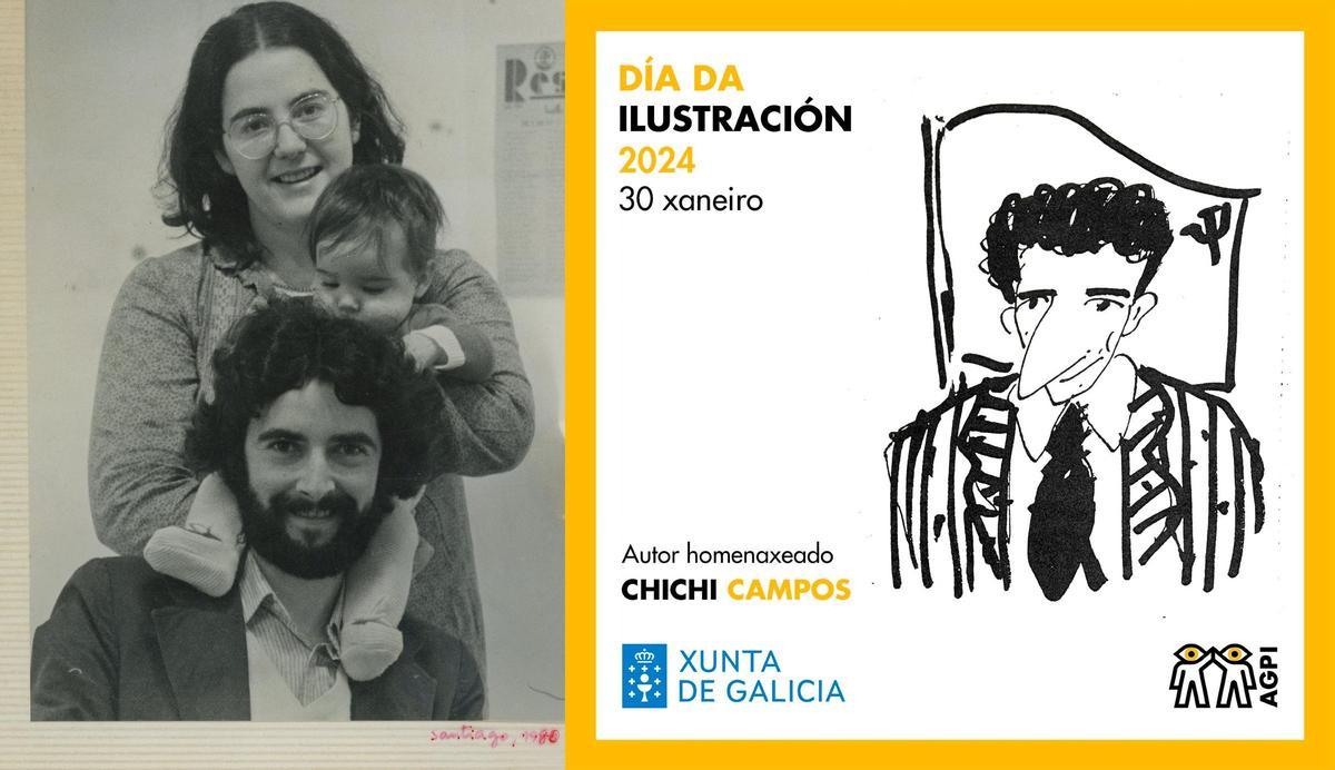 A la izquierda, foto de 1977 , Ángeles (Anciñas) Ripoll, Nico y Chichi Campos. A la derecha, cartel del Día de la Ilustración 2024