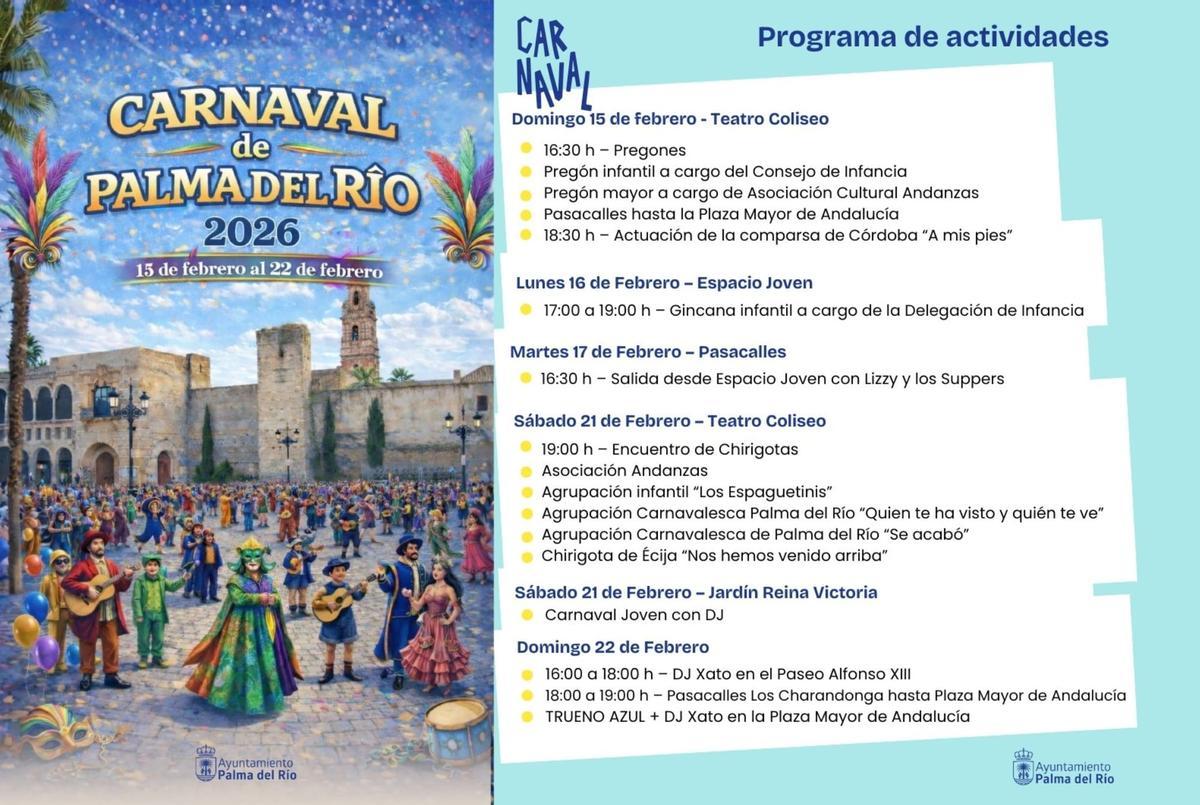Cartel con las actividades del Carnaval de Palma del Río 2026.